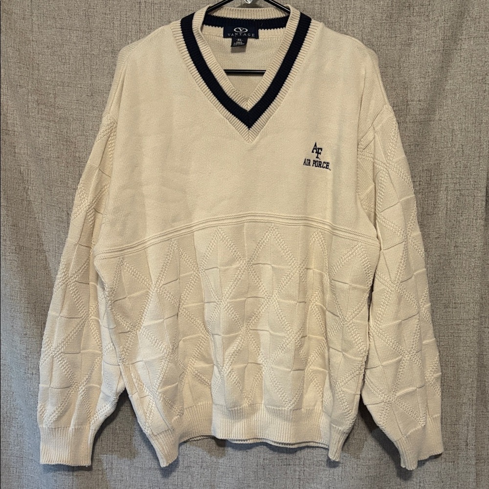 Vintage Vantage Air Force Military V-Neck Cotton Knit Grandpa Sweater